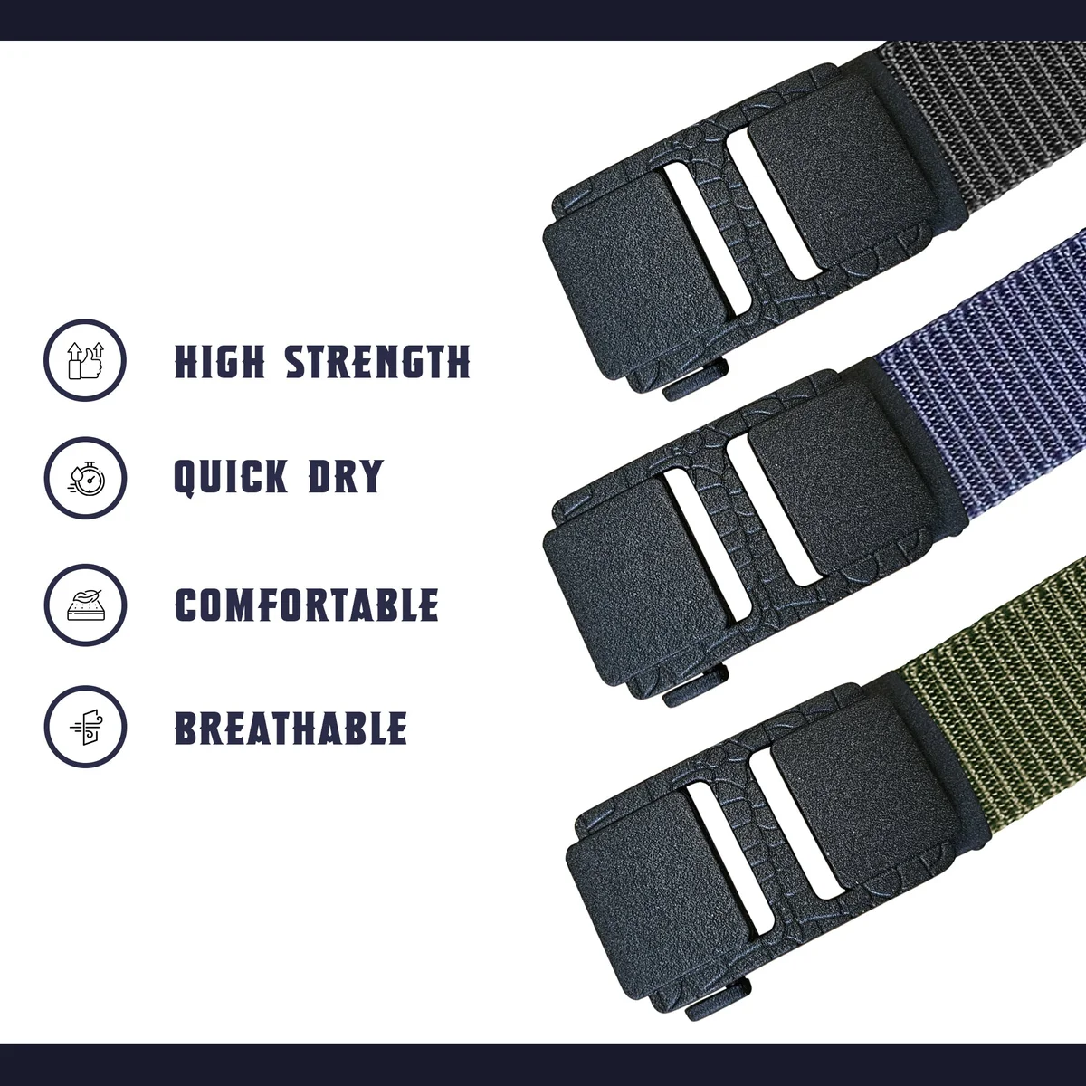 Adjustable unisex woven leather belt with plastic buckle, suitable for jeans and tactical work, shown flat on white background