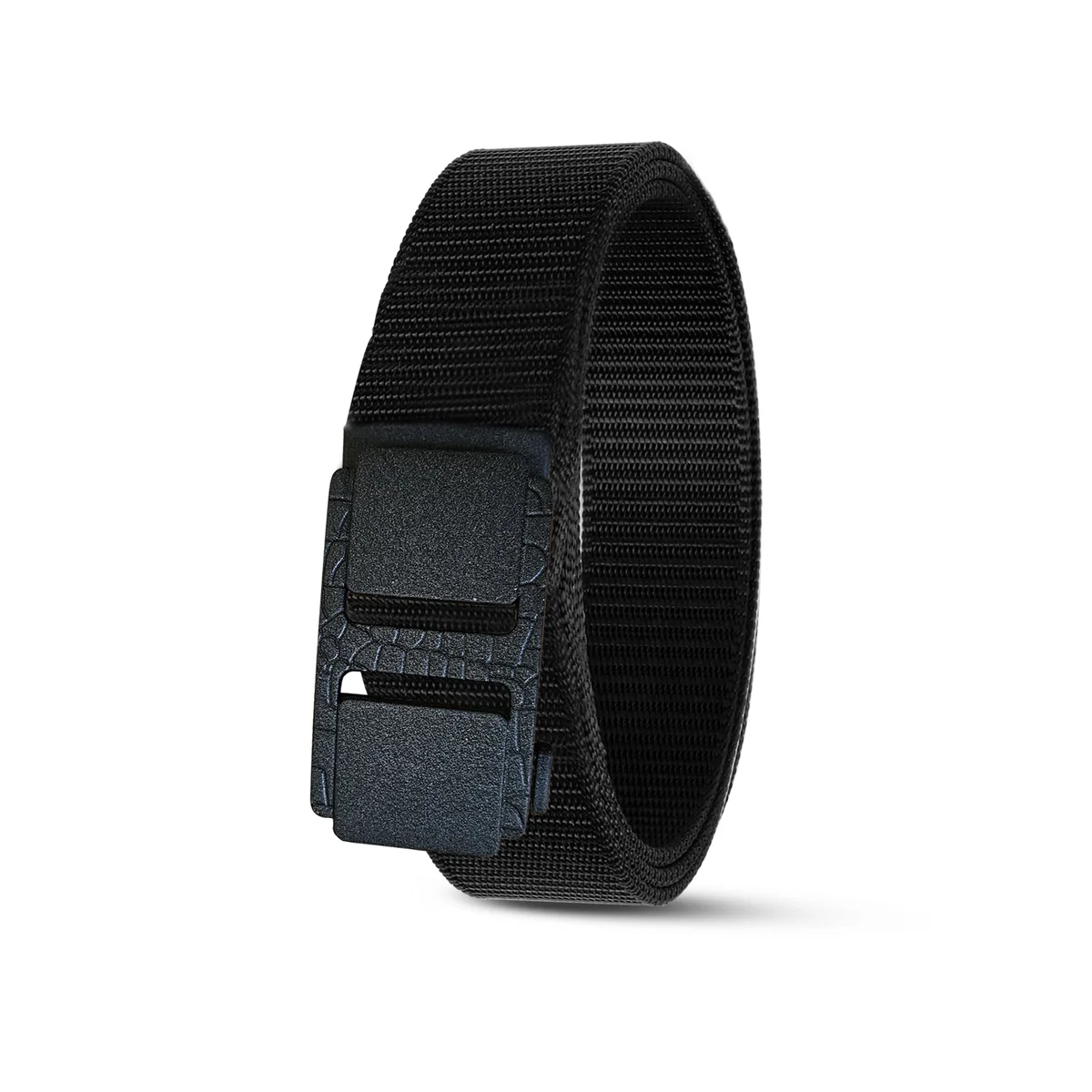 Unisex woven leather belt with adjustable plastic buckle, designed for casual and tactical use, shown flat on white background