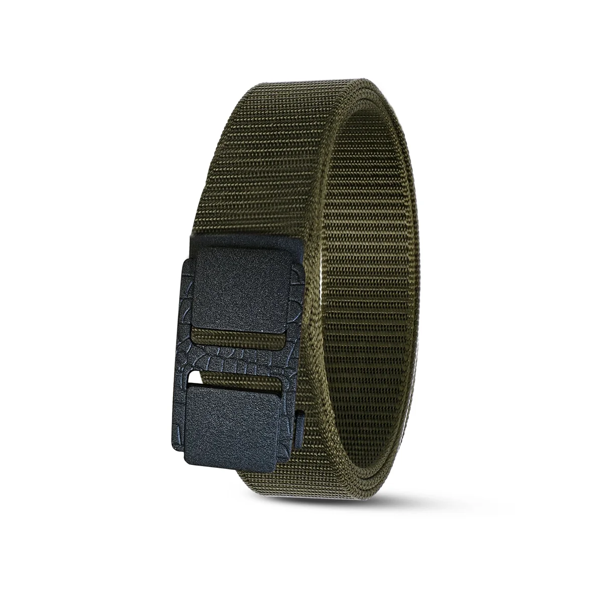 Close-up of adjustable woven leather belt with plastic buckle for men’s jeans and tactical use