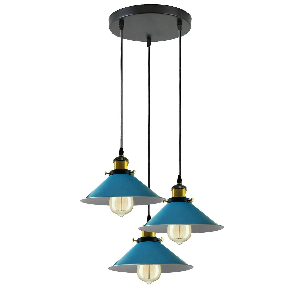 Vintage style pendant light with three adjustable metal cone shades and black round ceiling base, ideal for indoor use