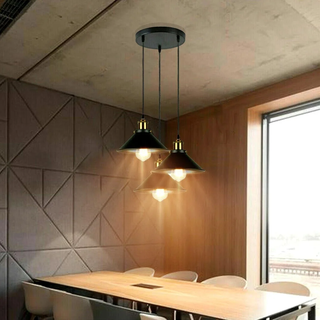 Industrial 3 light pendant with adjustable metal cone shade light fixtures hanging from round base on white background
