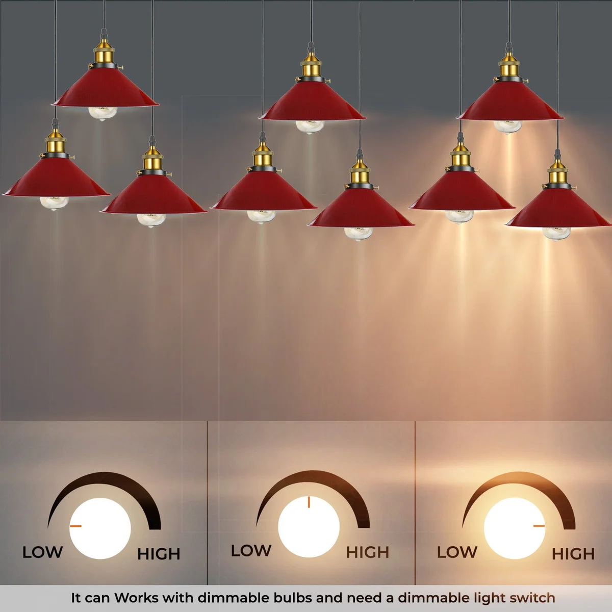 Three metal cone shades hanging from adjustable cords in vintage style adjustable pendant lighting fixture with round base