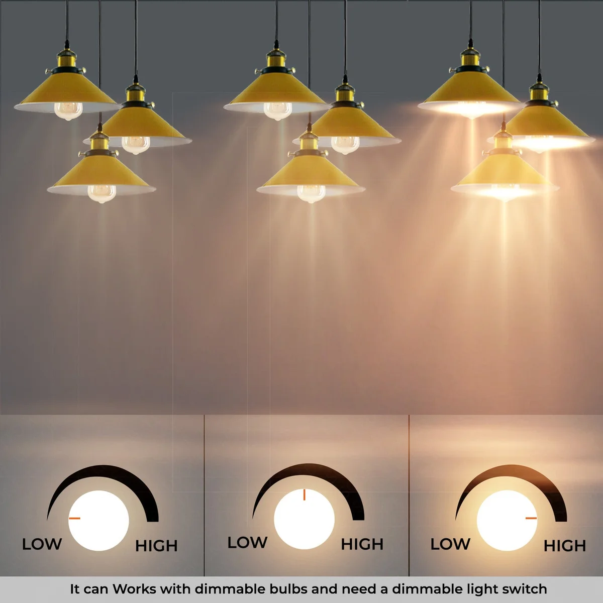 Vintage industrial 3 light pendant with metal cone shades and adjustable cords, compatible with E27 bulb pendant light bulbs.
