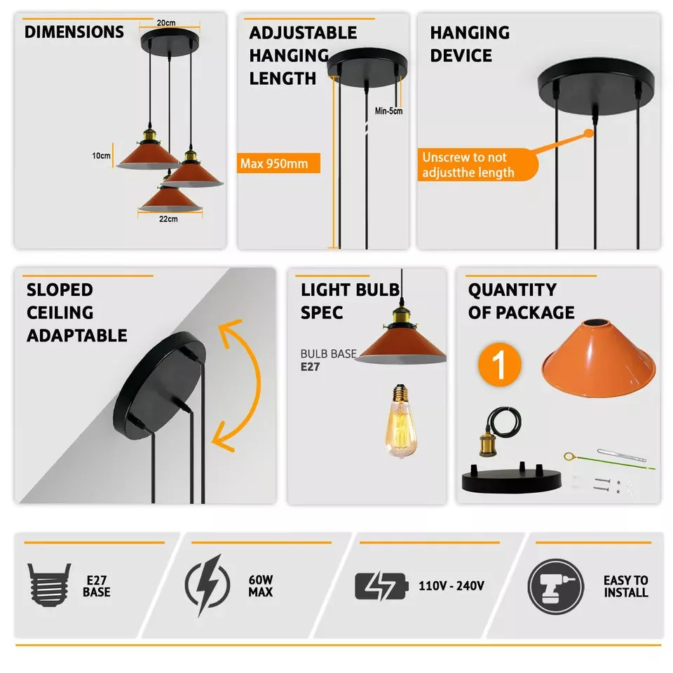 Dimmable industrial pendant with three adjustable metal cone shades hanging from round ceiling base, vintage style lighting fixture