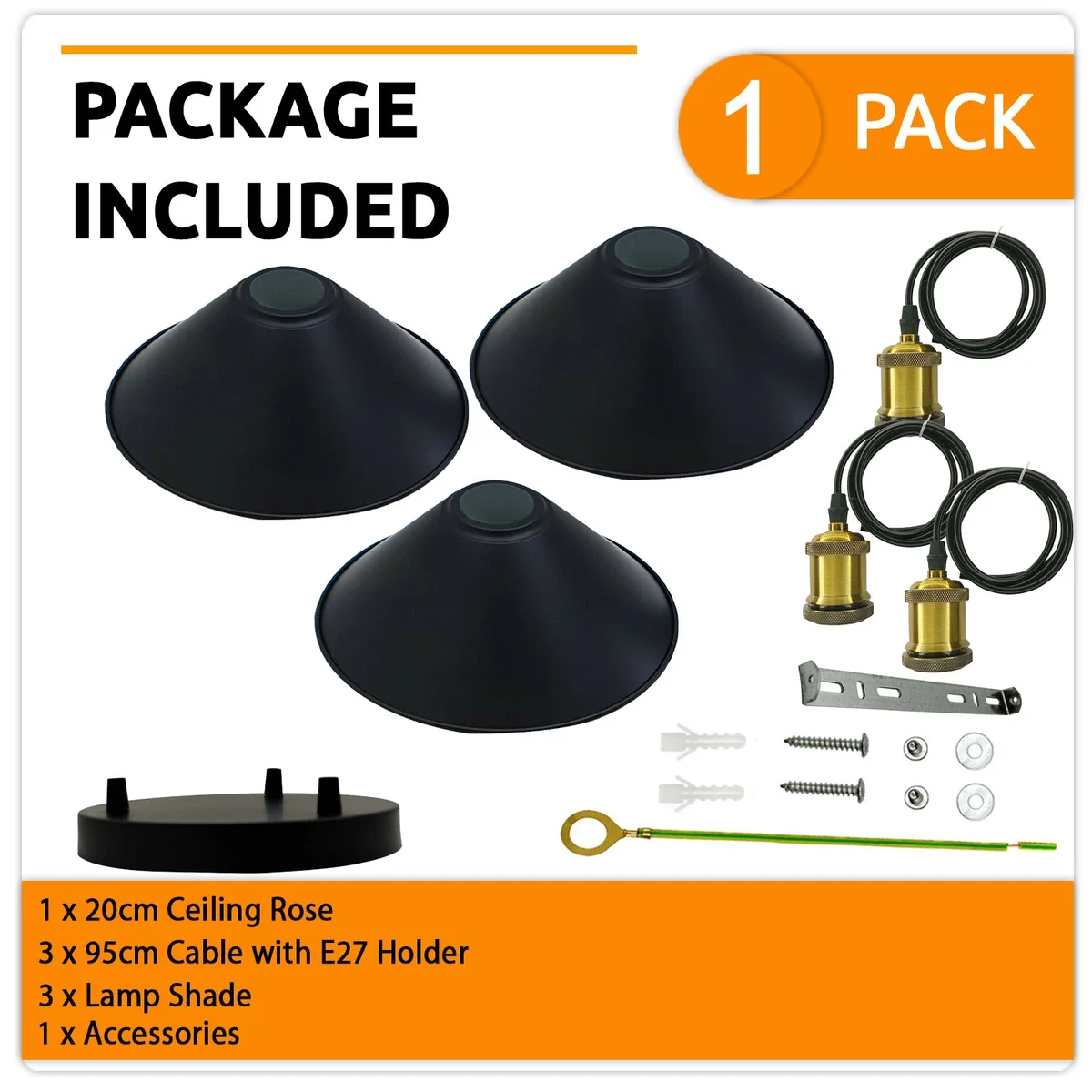 Industrial 3 light pendant with three metal cone shades hanging from adjustable cords over a kitchen island