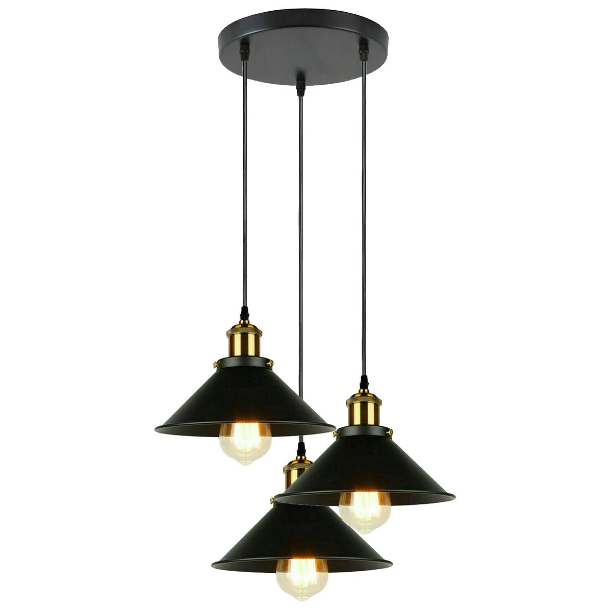 Industrial 3 light pendant with three metal cone shades hanging from adjustable cords over a kitchen island