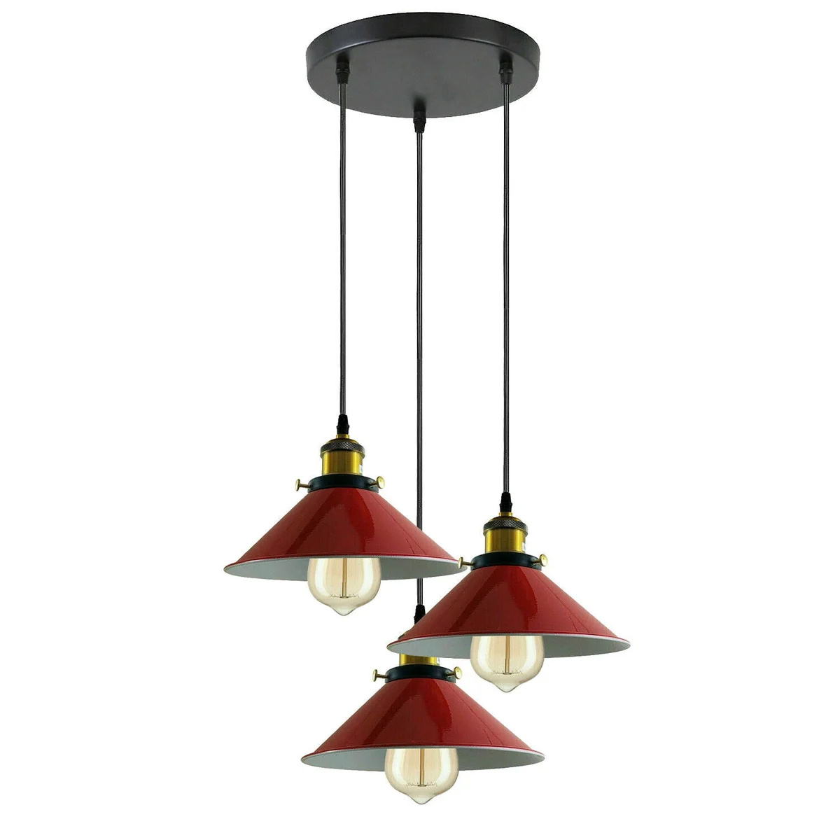 Industrial 3 light pendant with three metal cone shades hanging from adjustable cords against a white background
