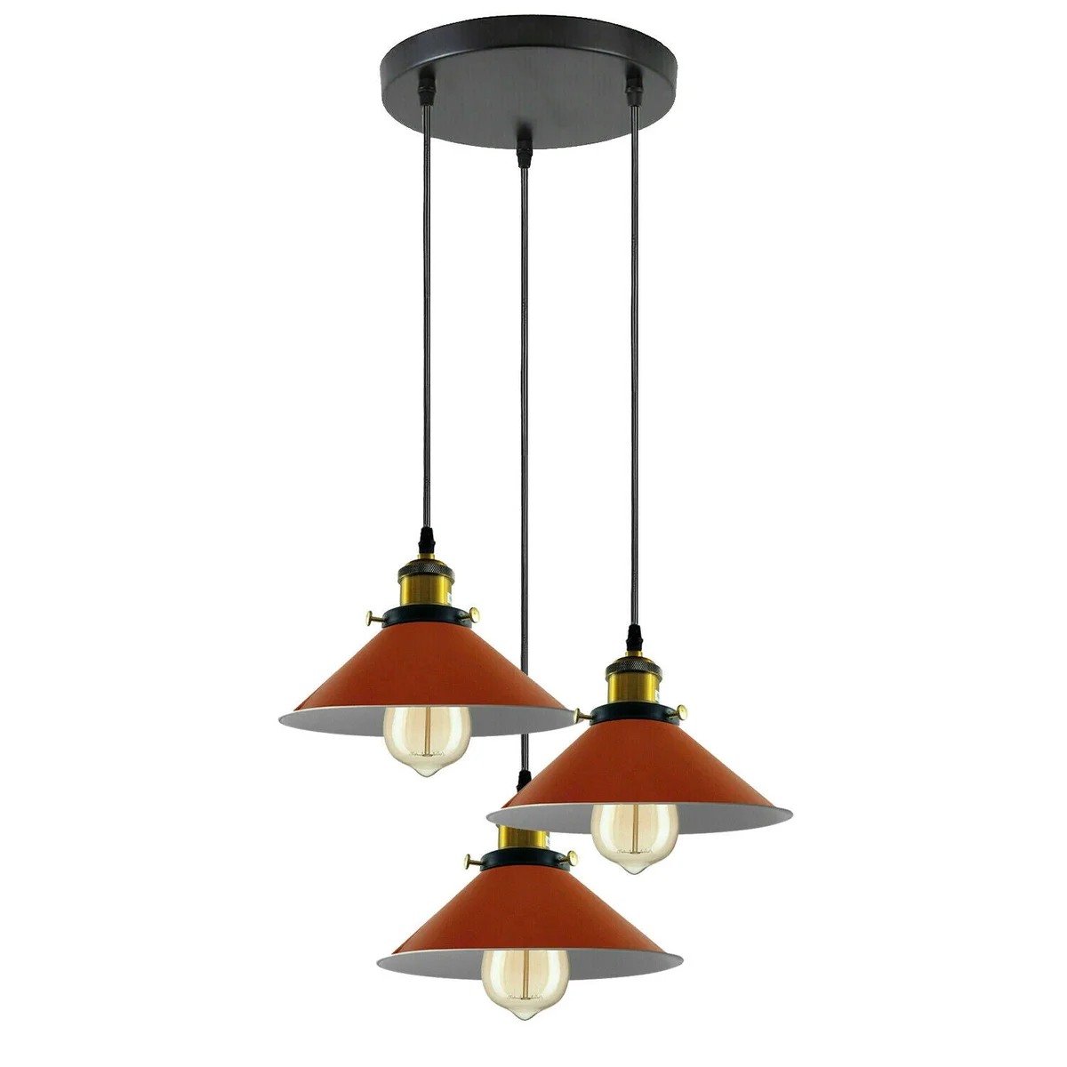 Industrial 3 light pendant with three metal cone shades hanging from adjustable cords, vintage retro style lighting fixture
