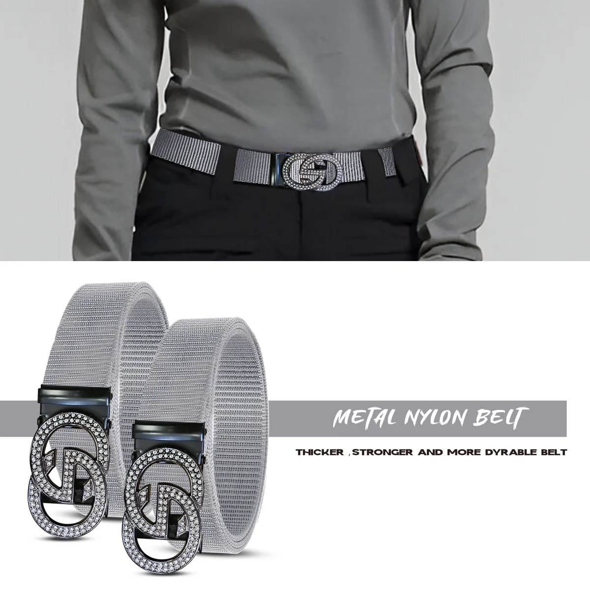 Adjustable nylon belt with double G metal buckle, unisex design for casual and workwear use
