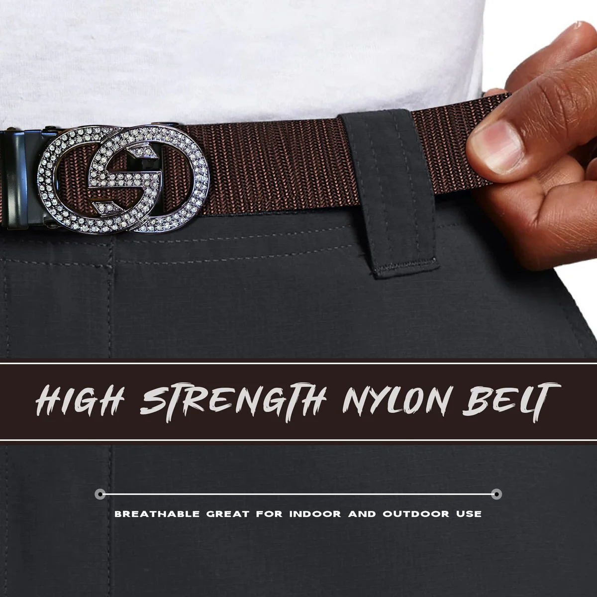 Black nylon double G buckle belt with adjustable metal buckle, unisex design for casual and workwear use