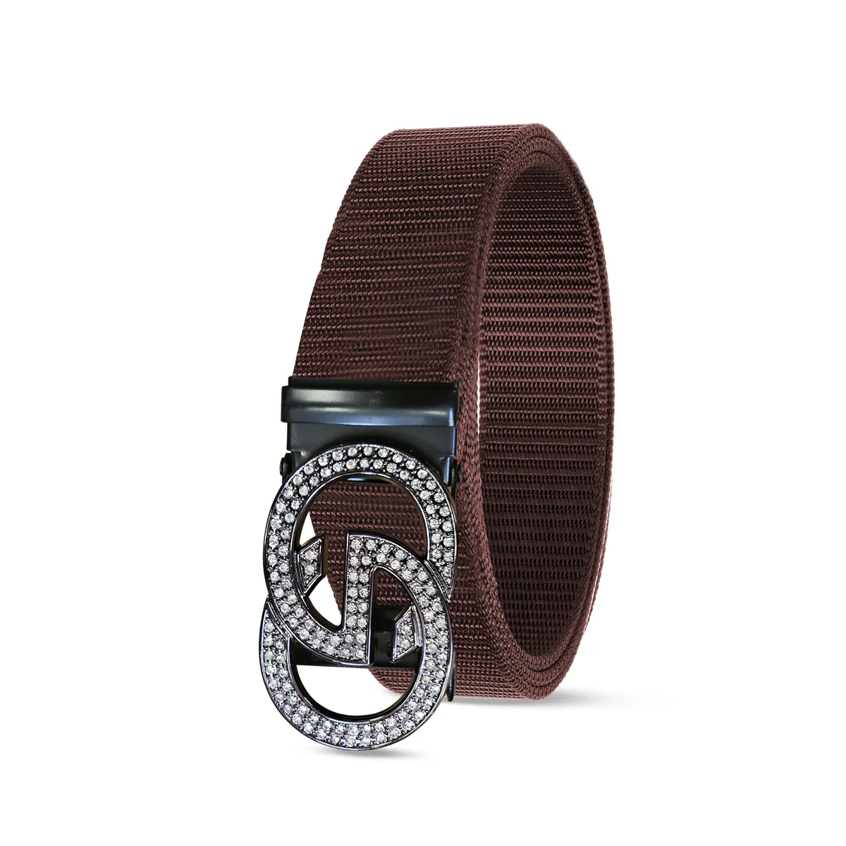 Adjustable nylon belt with double G metal buckle laid flat showing full length and buckle detail on white background