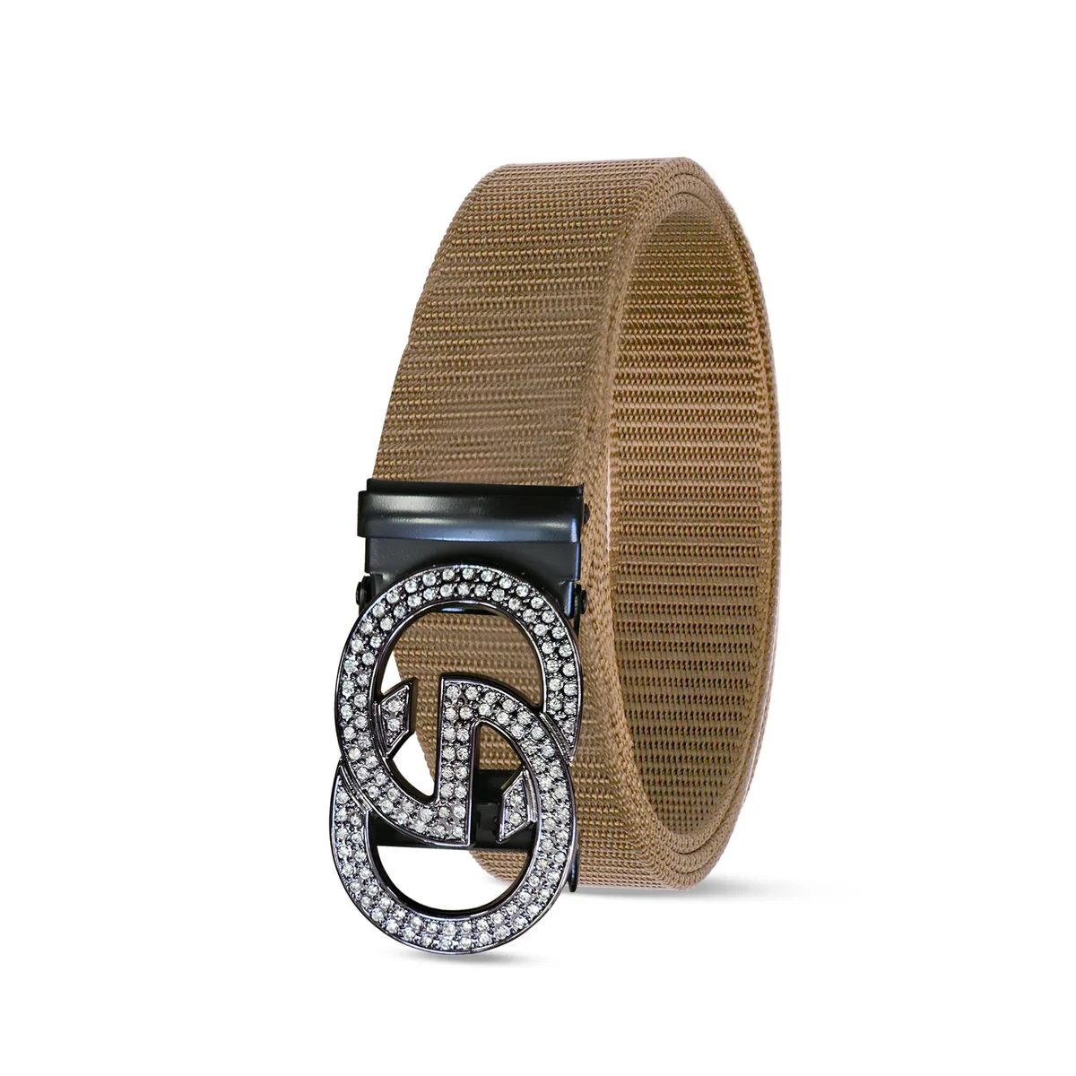 Adjustable nylon belt with double G metal buckle, unisex design, black color, shown coiled on white background