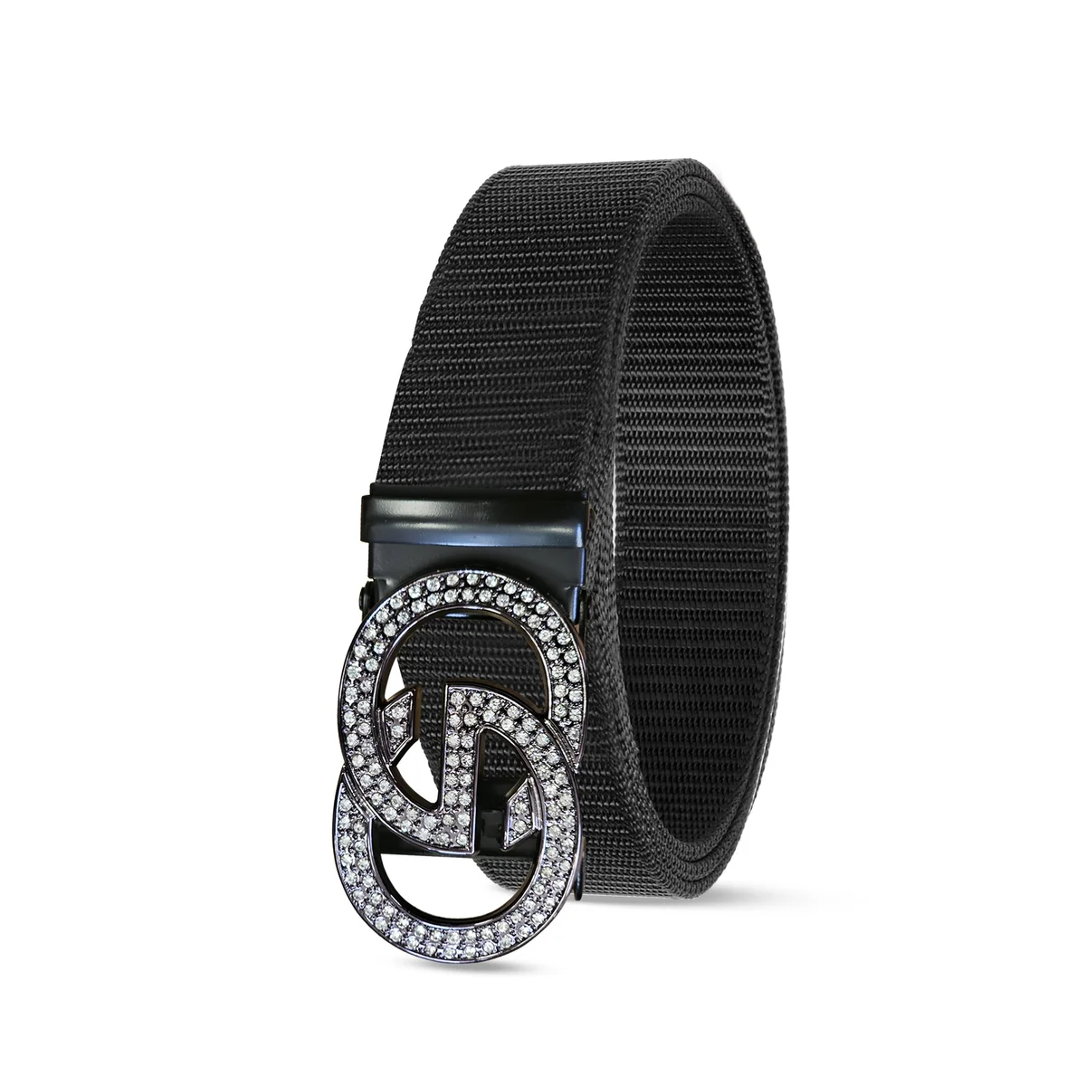 Adjustable nylon belt with double G metal buckle, shown coiled on a white background for unisex use