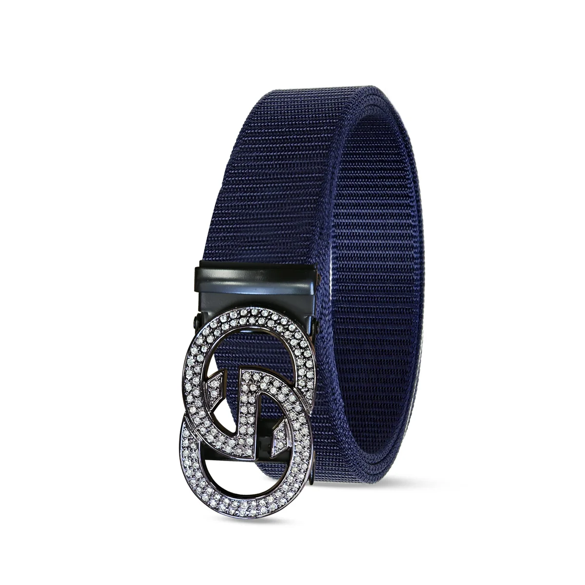 Close-up of adjustable nylon belt with double G metal buckle in black, suitable for unisex daily and tactical wear