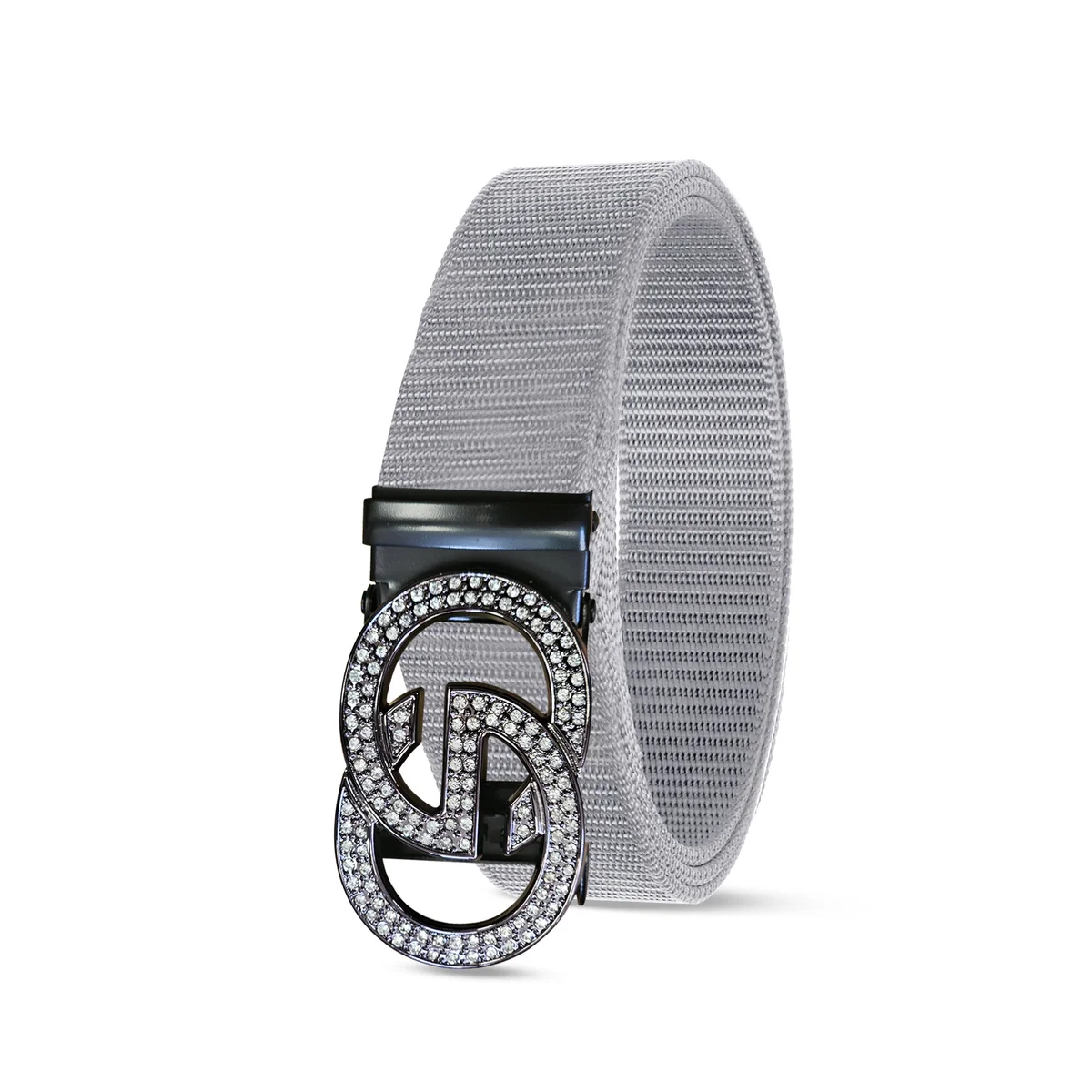 Black adjustable nylon belt with double G metal buckle laid flat showing buckle detail and belt texture