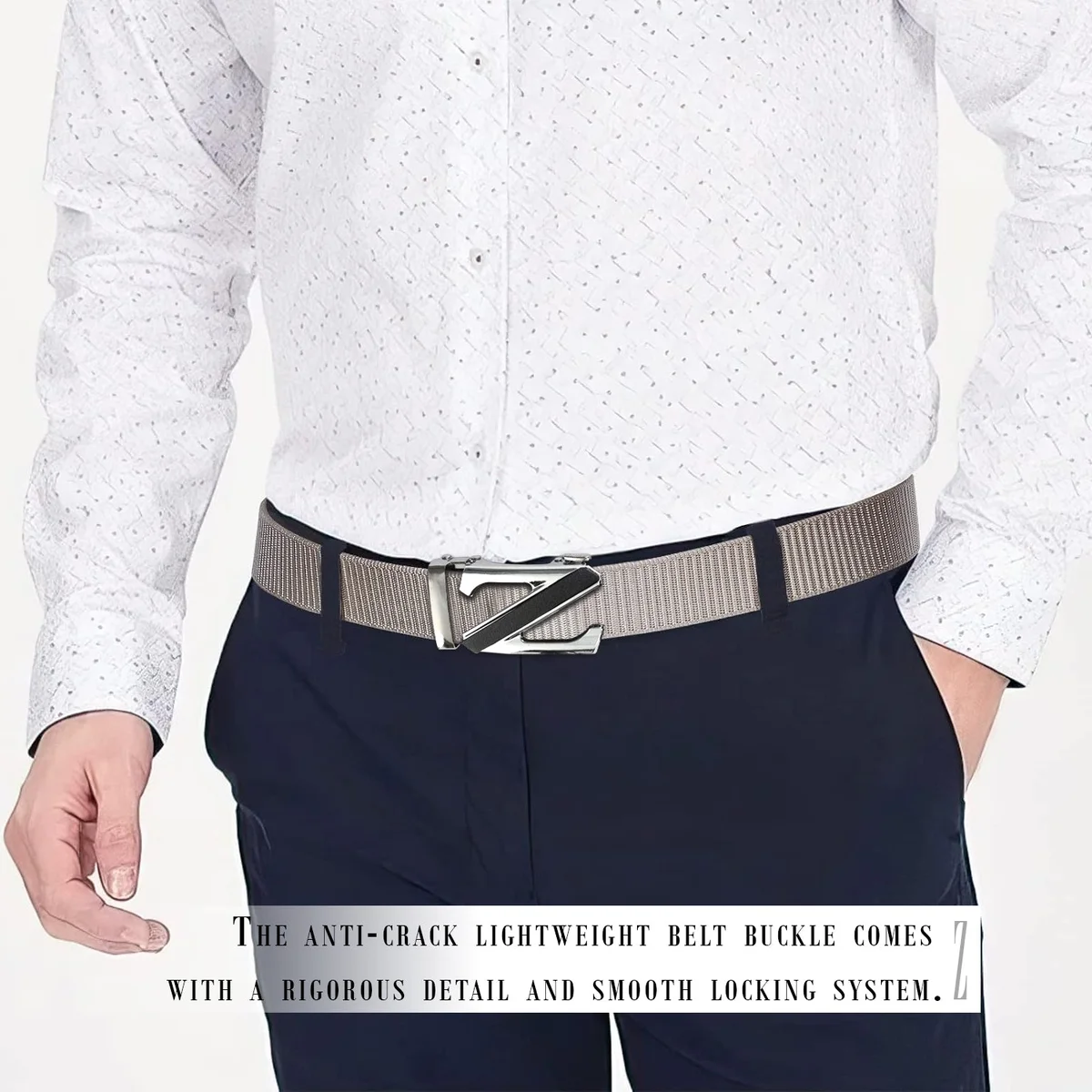 Men's adjustable canvas belt in black nylon with silver Z letter metal buckle, suitable for casual and workwear
