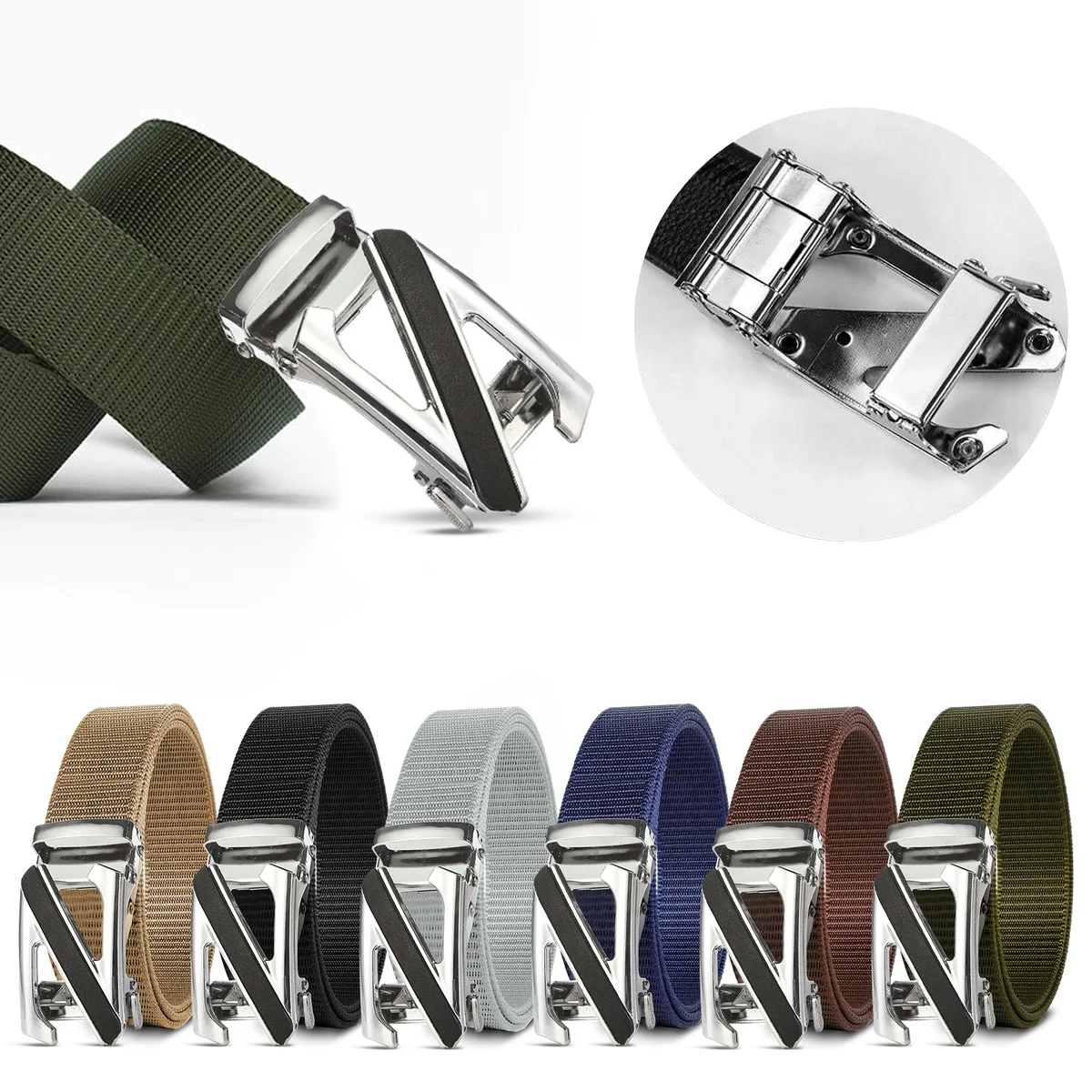 Men’s black nylon metal buckle belt with adjustable silver Z letter buckle laid flat on white background