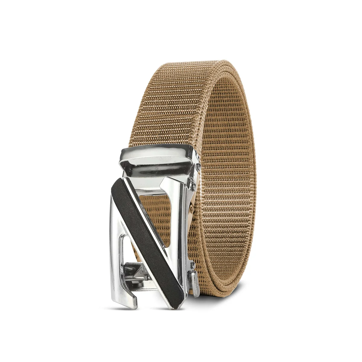 Black breathable men's belt made of nylon with adjustable silver Z letter metal buckle on white background