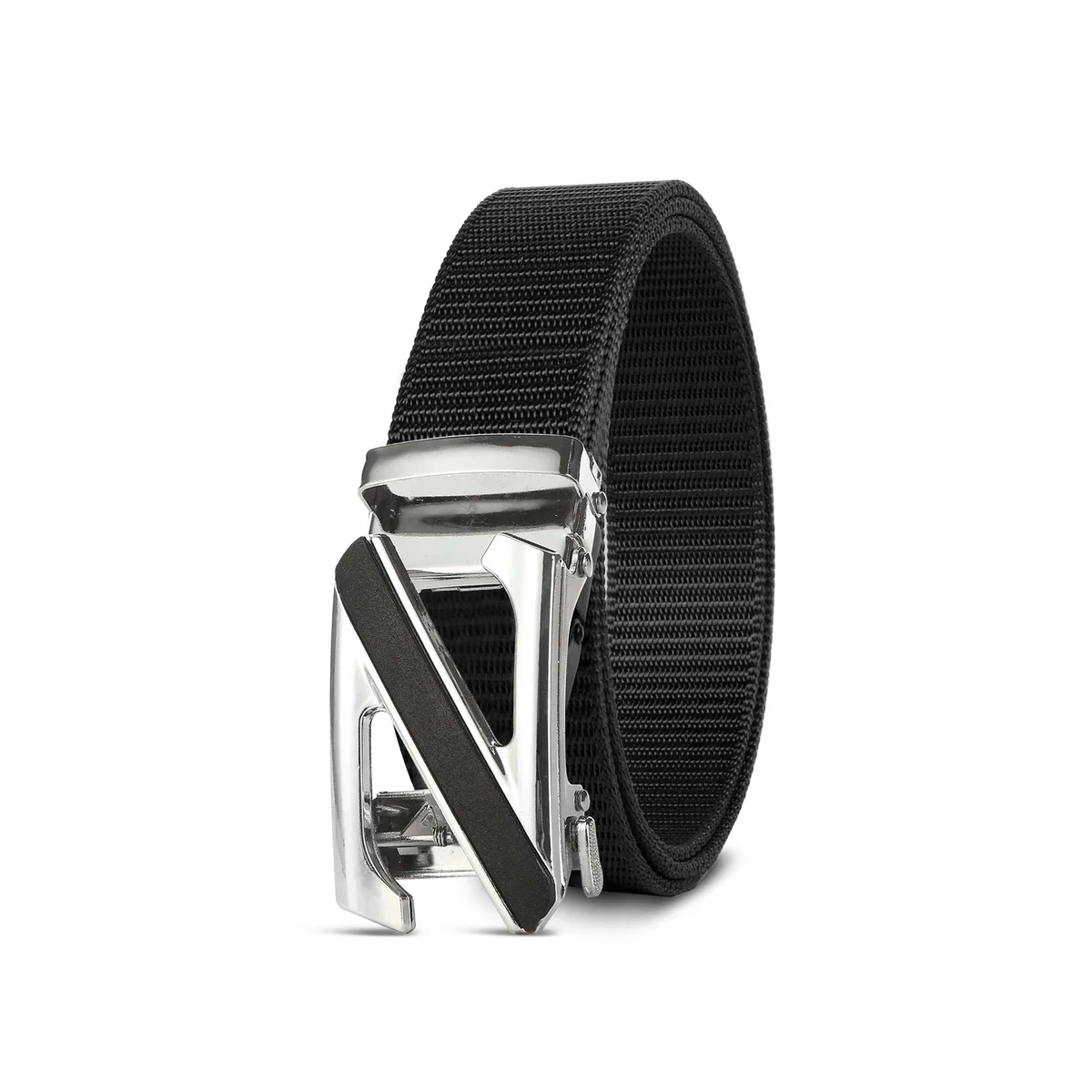 Men’s nylon quick release belt with adjustable silver Z letter metal buckle laid flat on white background