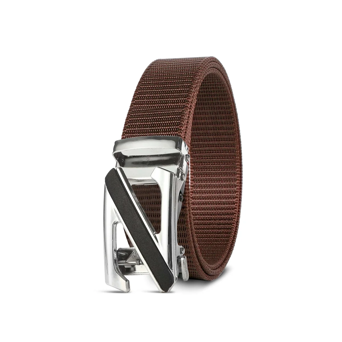 Men's adjustable canvas belt in black nylon with silver Z letter metal buckle, shown coiled on white background