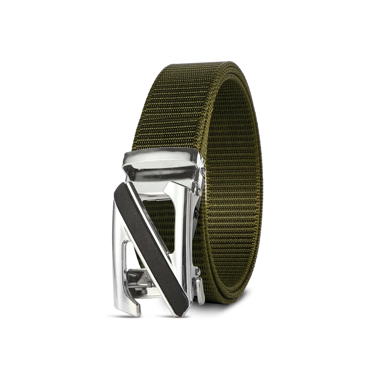 Men’s adjustable canvas belt with silver Z letter metal buckle, shown coiled on a white background
