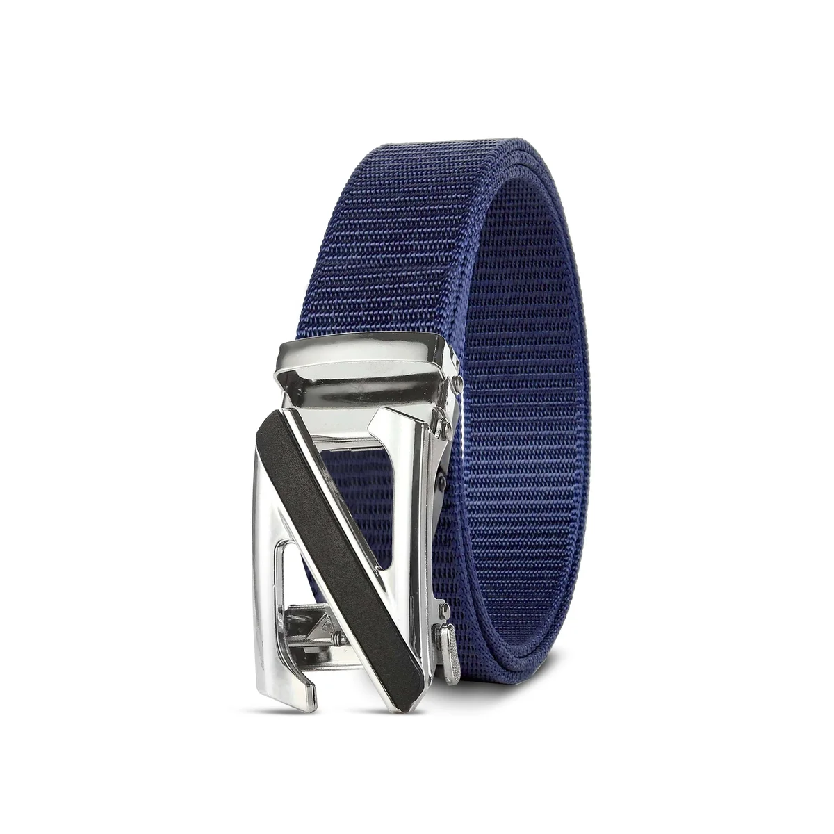 Men’s adjustable canvas belt in black nylon with silver Z letter metal buckle laid flat on white background