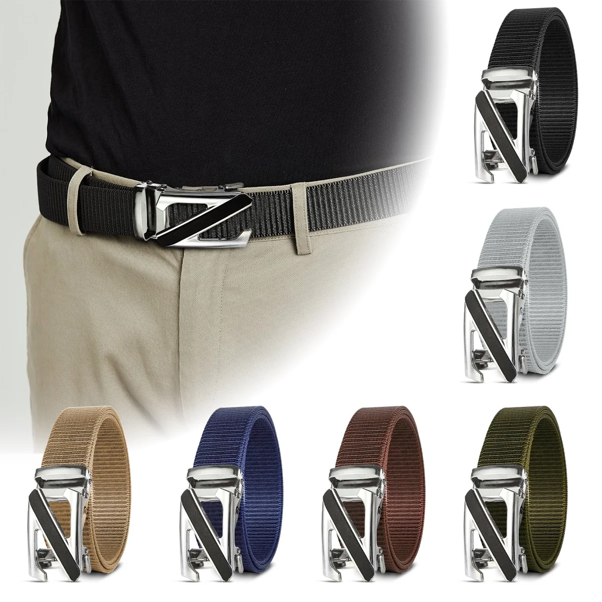 Men’s adjustable canvas belt in black nylon with silver Z letter metal buckle, laid flat showing full length and buckle details