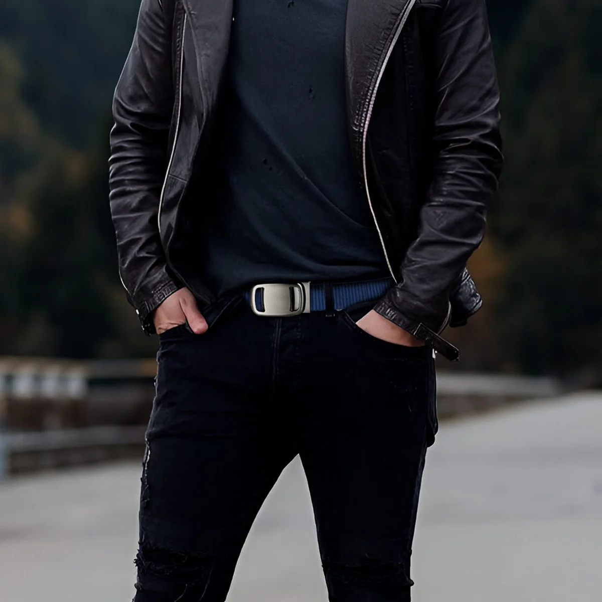 Men's casual belts with automatic plastic buckle, adjustable nylon strap in black, suitable for unisex daily wear