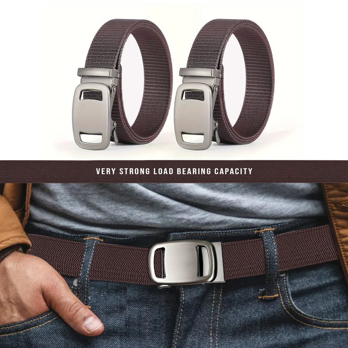 Men’s adjustable nylon belt with automatic plastic buckle, black, designed for casual and tactical use