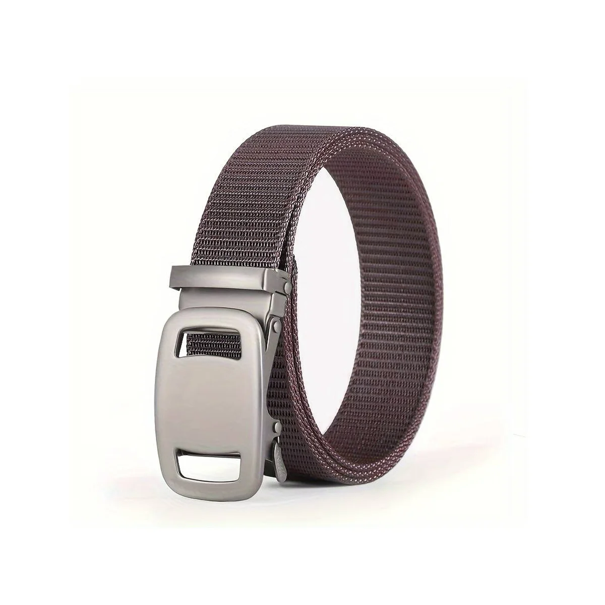 Black nylon automatic buckle belt with plastic lock, adjustable length, shown coiled on white background