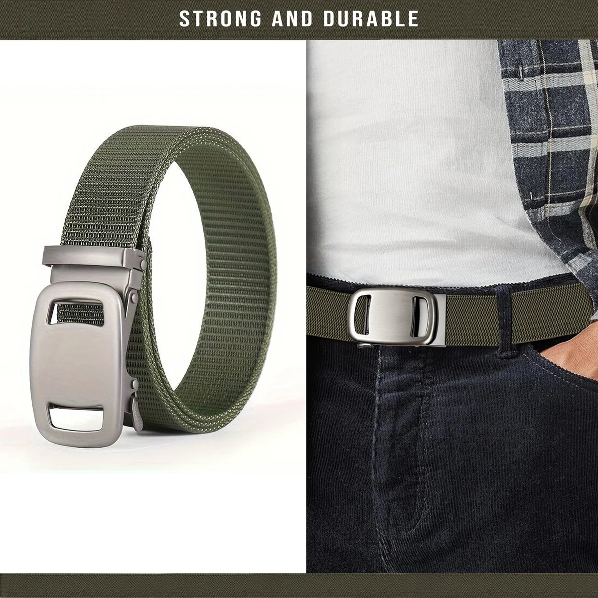 Black nylon quick release belt with automatic plastic buckle, adjustable length, shown coiled on white background
