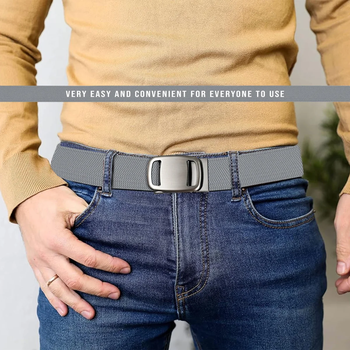 Black men's casual belts with automatic metal buckle, adjustable nylon strap for unisex daily and work wear