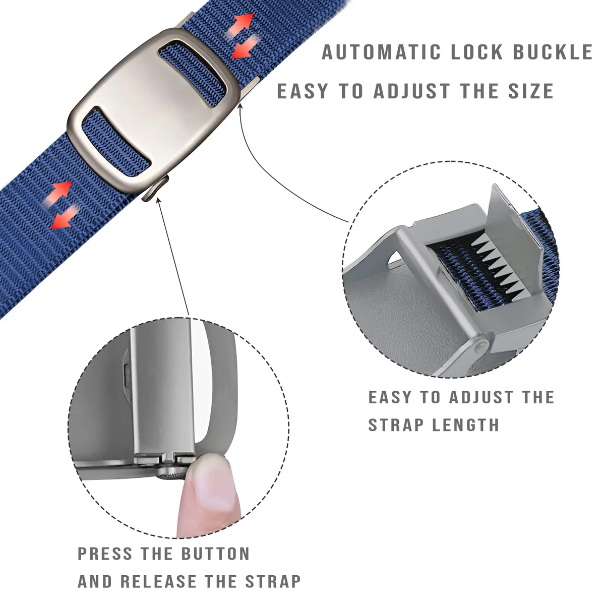 Men's casual belts with automatic plastic buckle, adjustable nylon strap designed for comfort and breathability