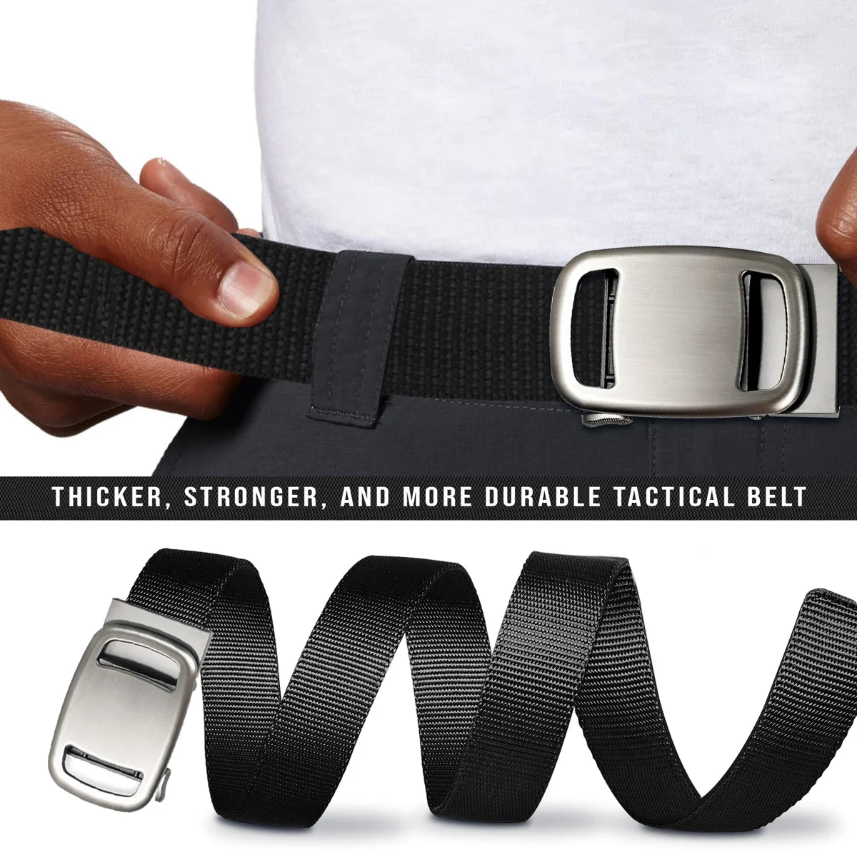 Black men's casual belts with automatic plastic buckle, adjustable nylon strap for unisex daily and tactical wear