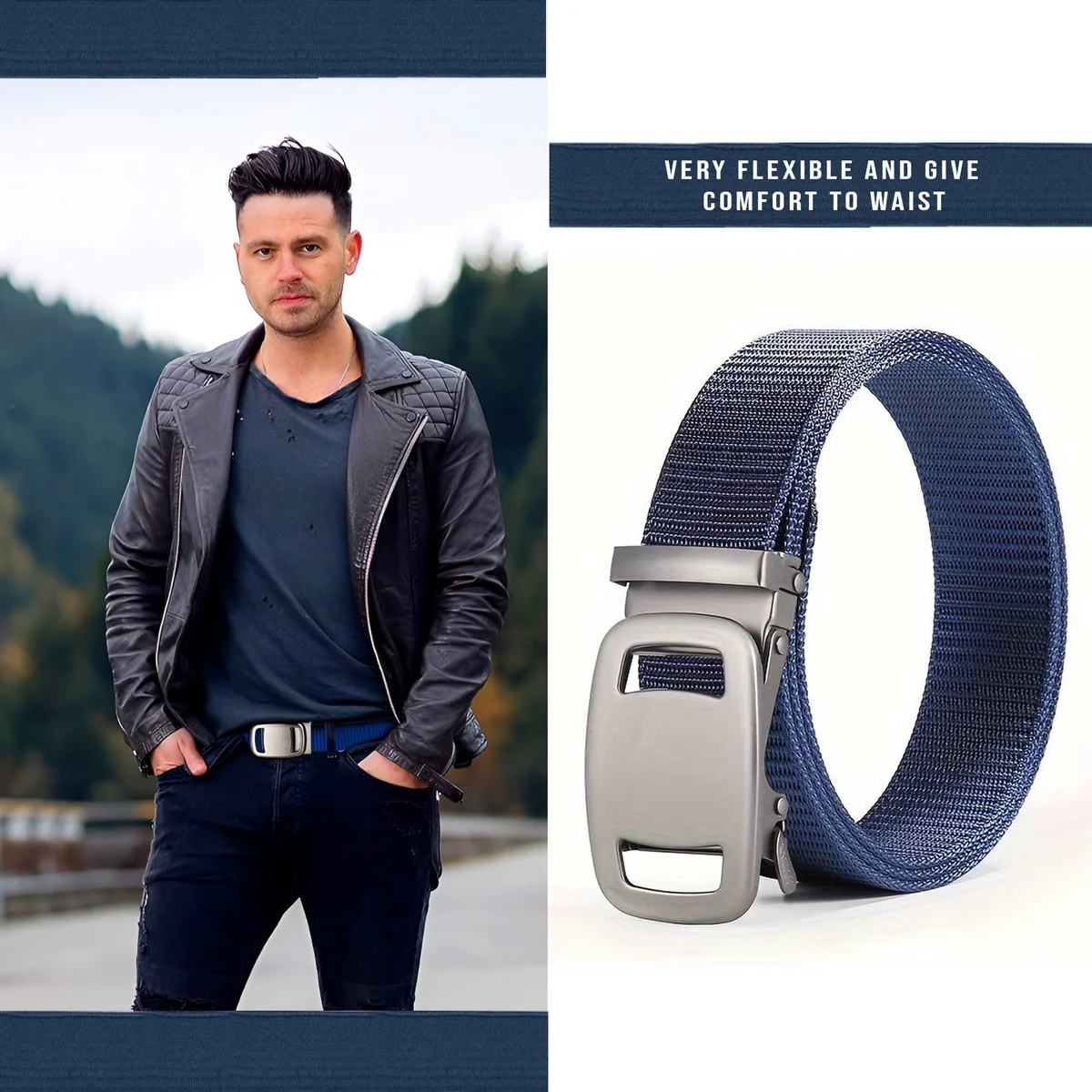 Black nylon men's casual belt with automatic metal buckle, adjustable length, suitable for unisex daily wear and work use
