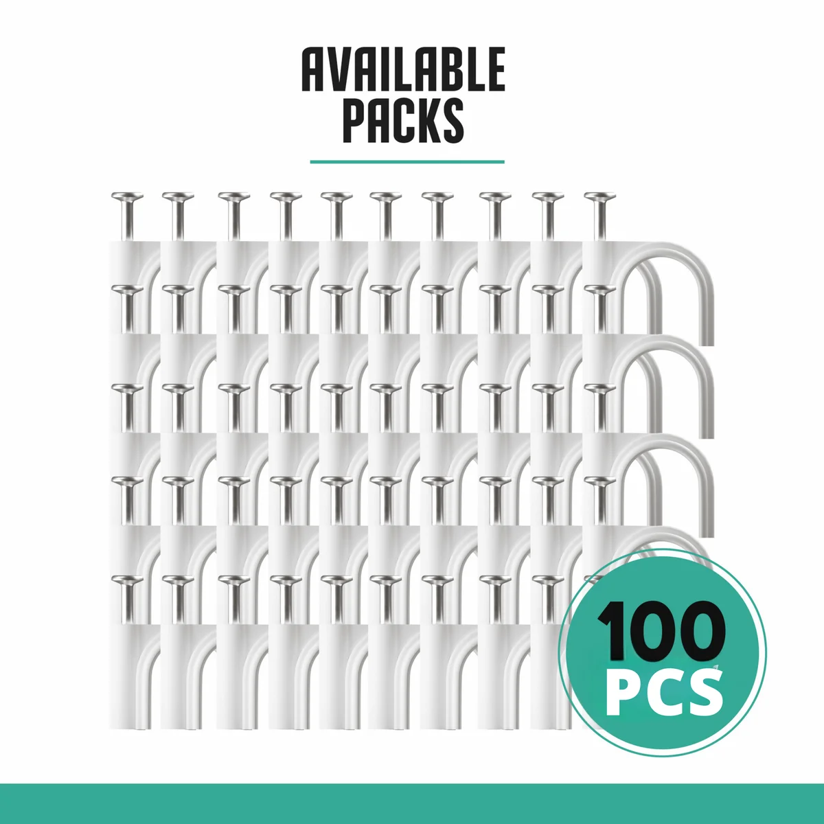 Pack of 100 cable tie wraps and wire clips with steel nails for securing cables on walls, made of durable PE material