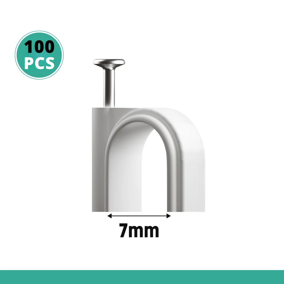 Pack of 100 white PE material wire clips with steel nails for cable management on walls and surfaces