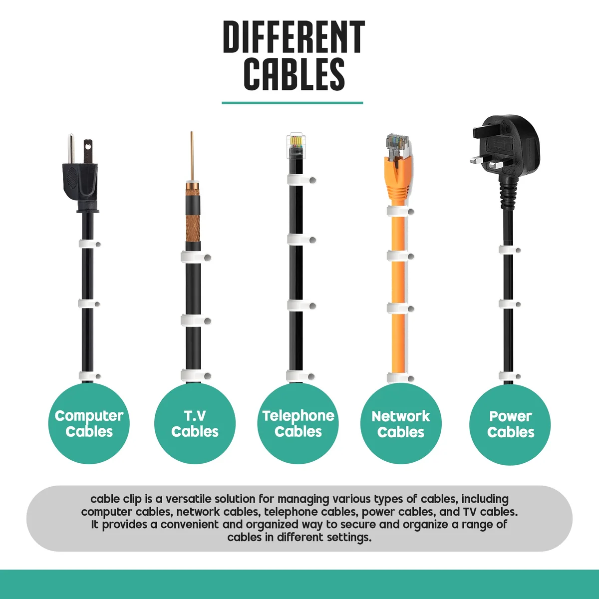 Pack of 100 cable tie wraps and wire clips with steel nails for securing cables to walls, made from durable PE material