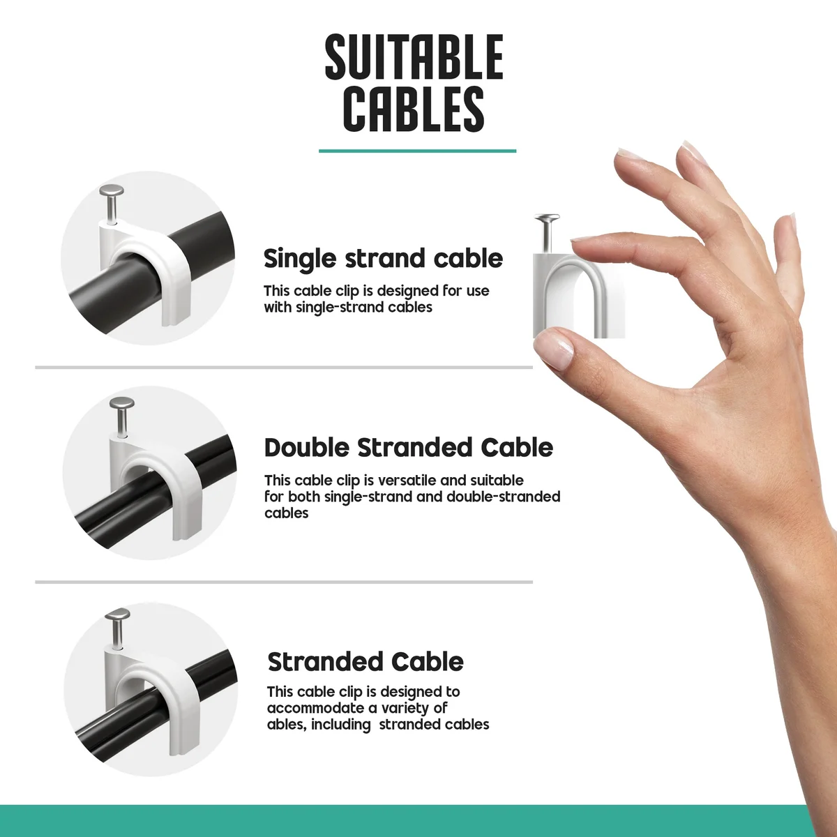 Pack of 100 cable tie wraps with wire clips and wall cable clips made of durable PE material with steel nails