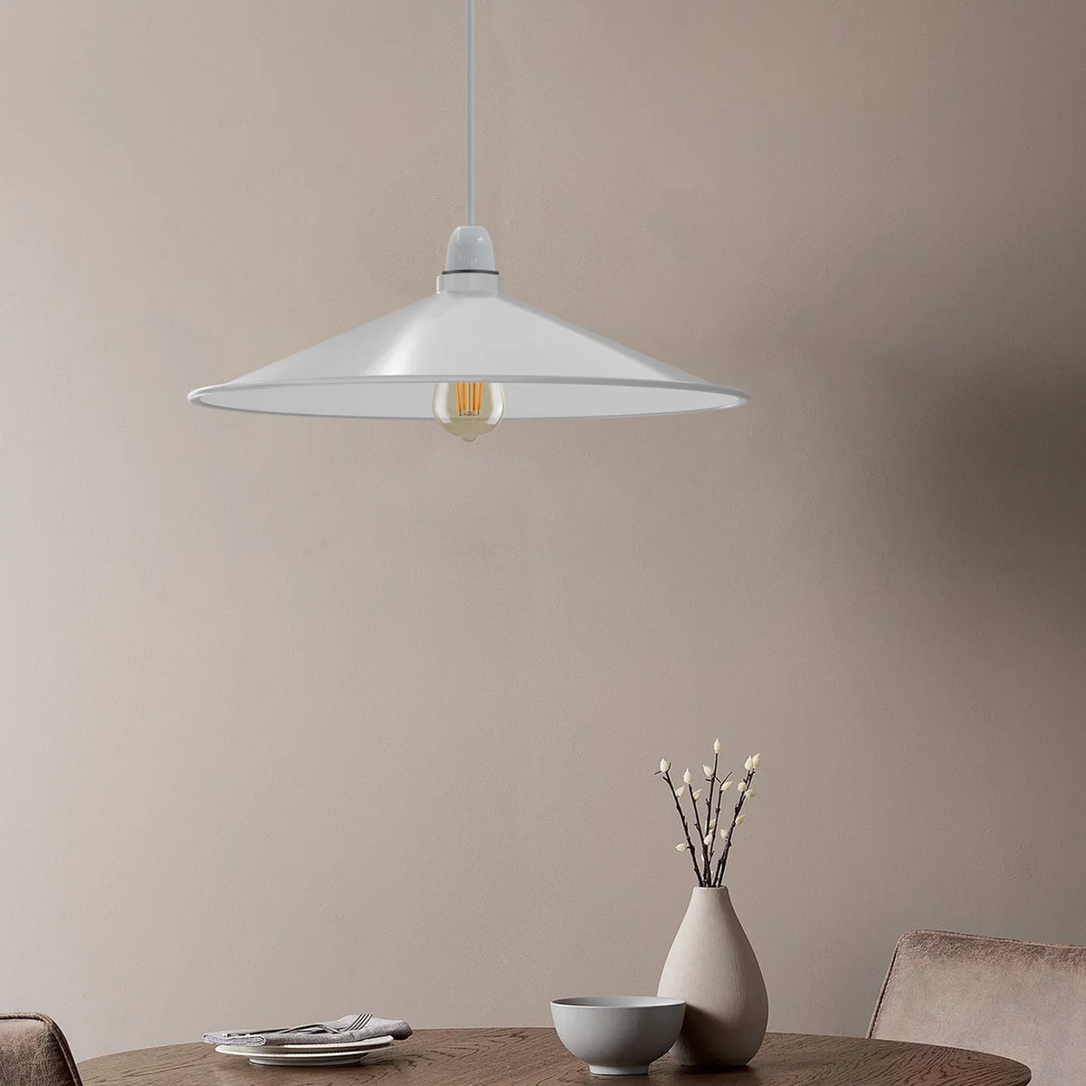 Vintage industrial style lamp shade in metal disc shape with smooth finish, designed for easy fit and downward light direction