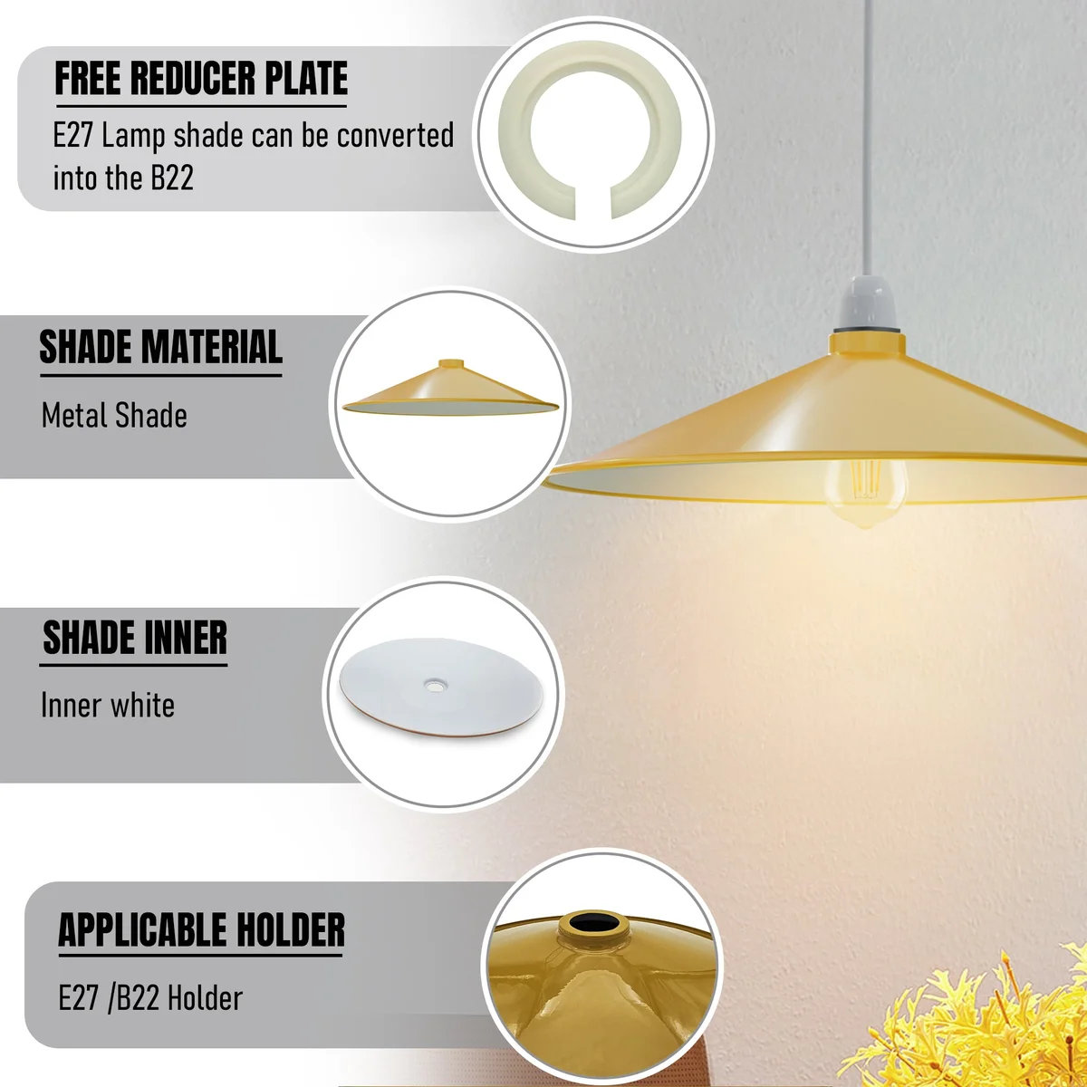 Vintage industrial metal disc easy fit lampshade shown from side angle with smooth finish and reducer plate accessory