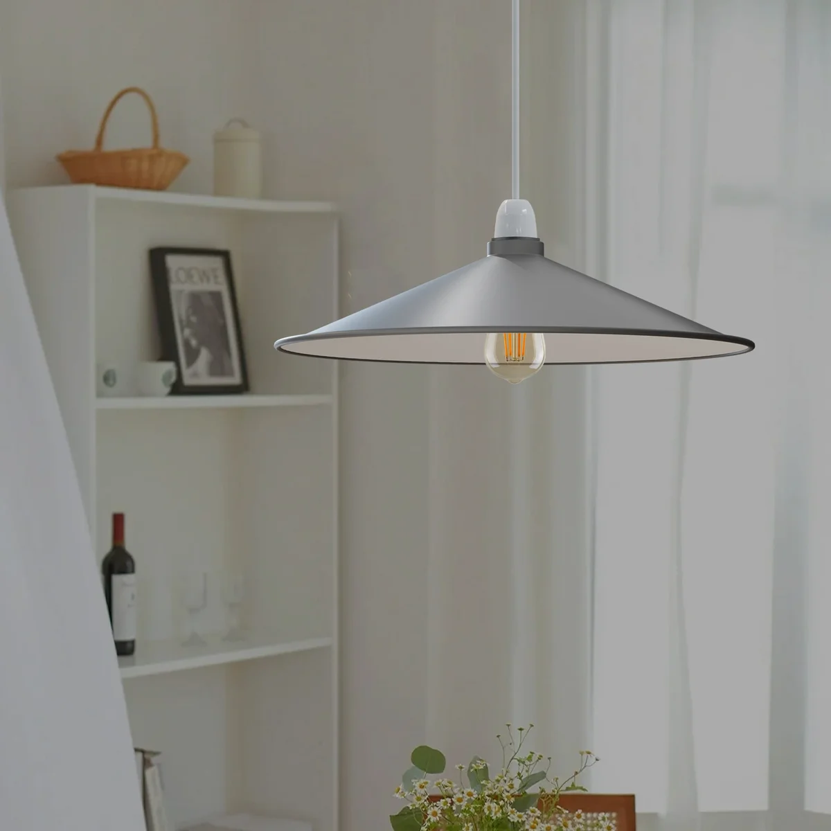 Vintage metal lamp shade in disc shape with smooth metal finish and open design, ideal for indoor industrial decor lighting