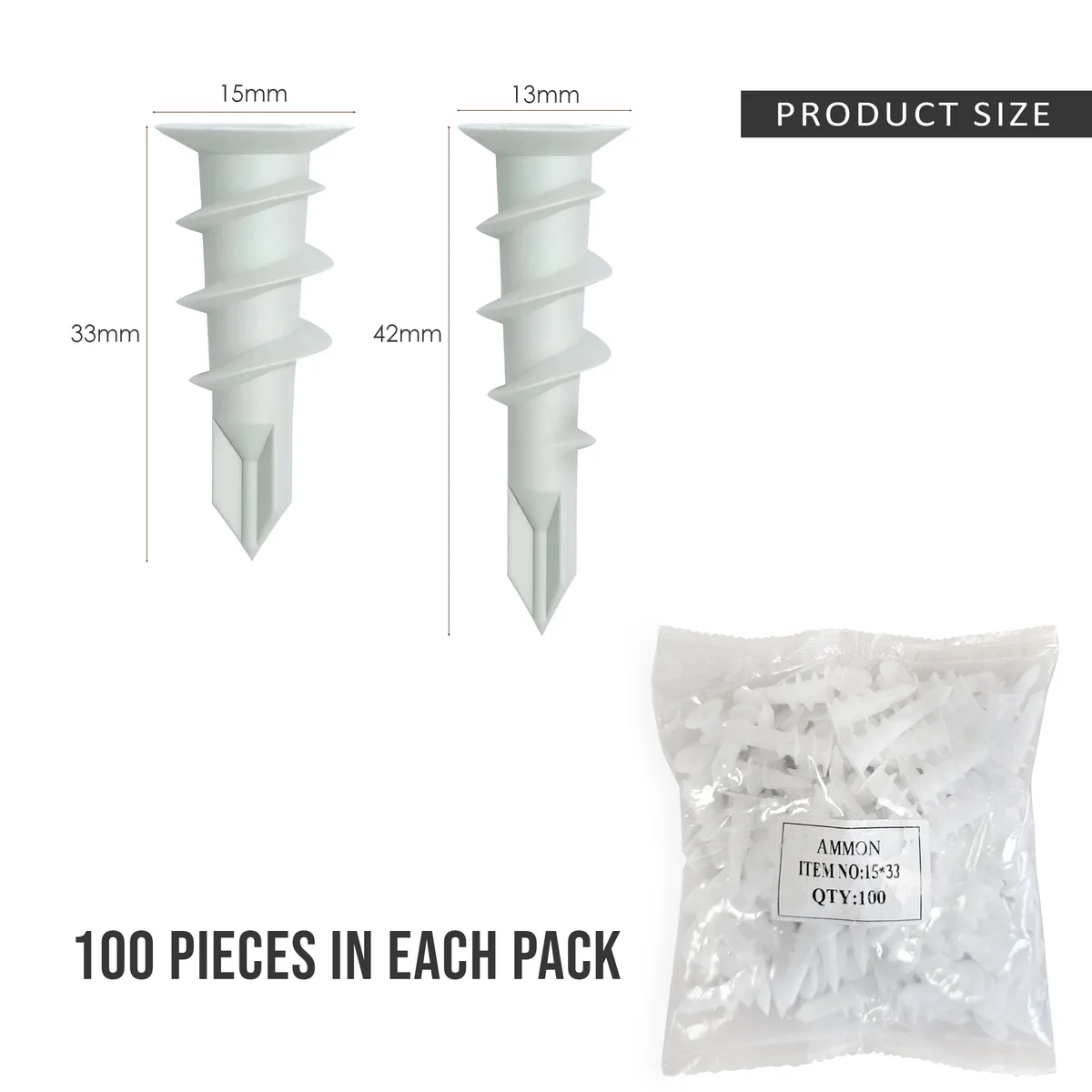 Pack of 100 white self drilling plasterboard screws with flat heads arranged on a white background