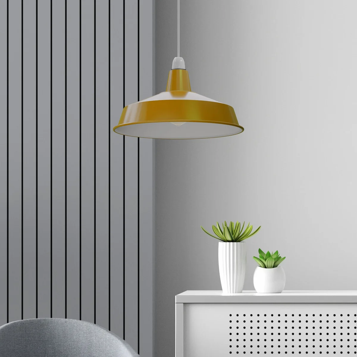Retro-style metal ceiling pendant light with Pluto-shaped lampshade directing light downwards, vintage design