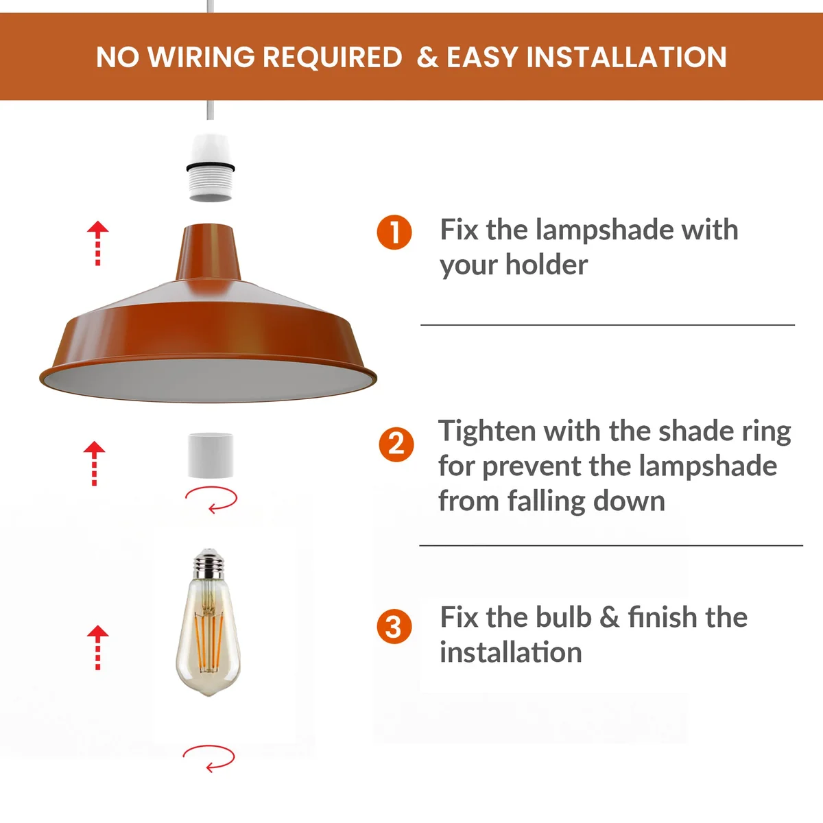 Retro metal Pluto-shaped lampshade showing easy fit pendant lamp design with downward light direction in vintage style