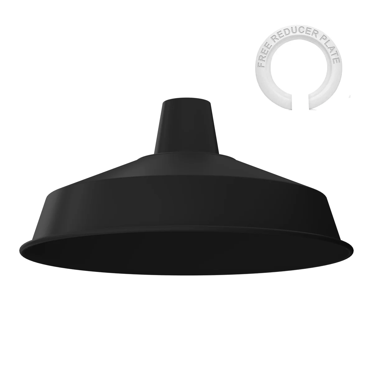 Retro-style metal ceiling pendant light with Pluto-shaped shade directing light downwards indoors