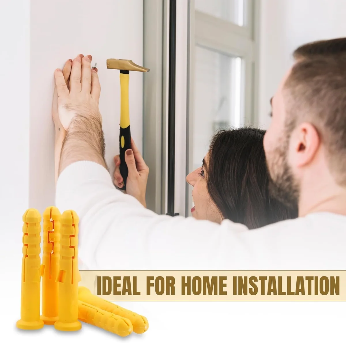 Set of anti slip wall plugs and flat head screws with ribbed plastic anchors and corrosion-resistant steel screws