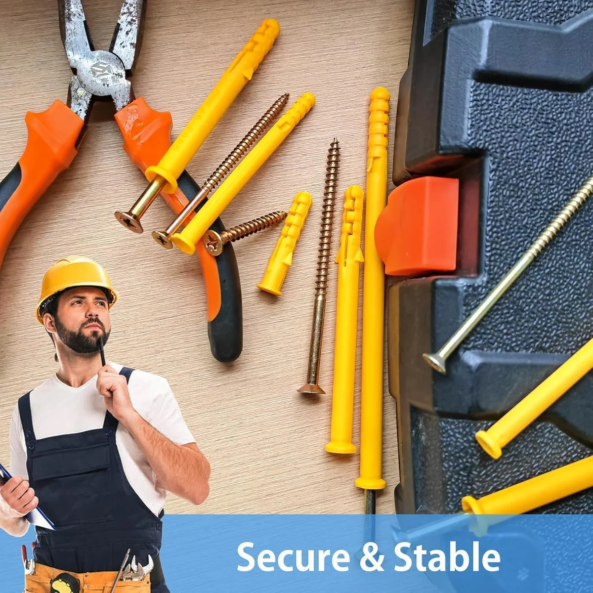 Heavy duty fixing kit showing ribbed plastic wall plugs and zinc-plated flat head steel screws for secure installation