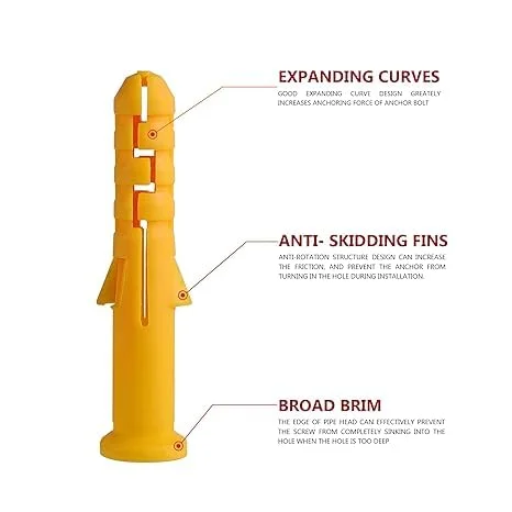 Close-up of anti-slip expansion wall plugs and flat head steel screws on a white background for heavy-duty fixing tasks