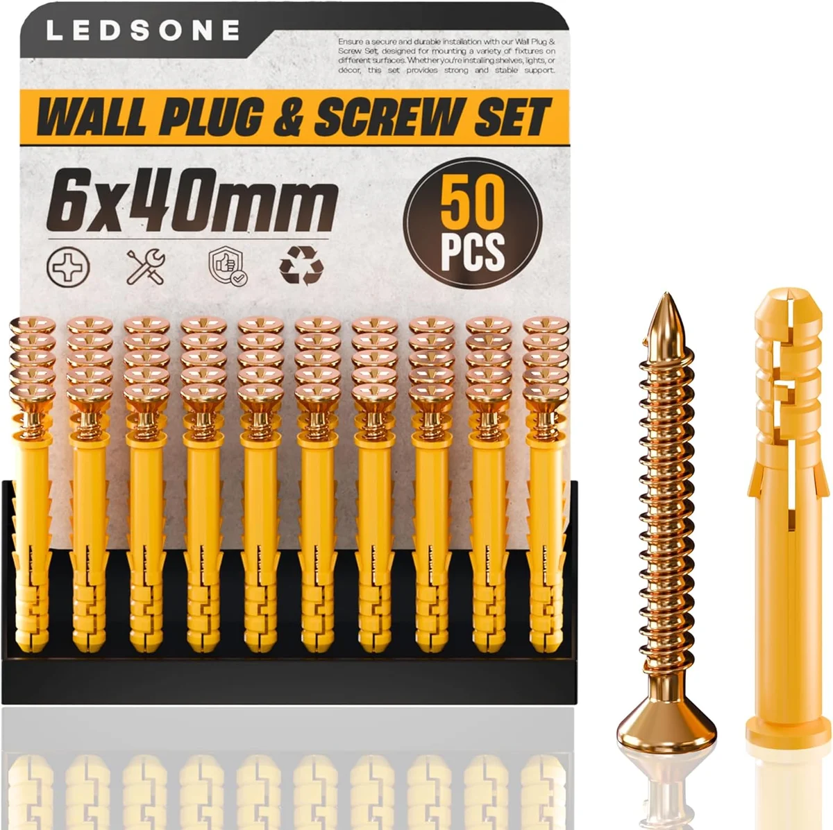 Anti slip wall plugs and flat head steel screws displayed on white background for heavy duty fixing in multiple substrates